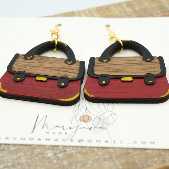 Layered Handpainted Handbag Earrings | Wooden Purse Earrings | Fashion Statement - Picture 2 of 3